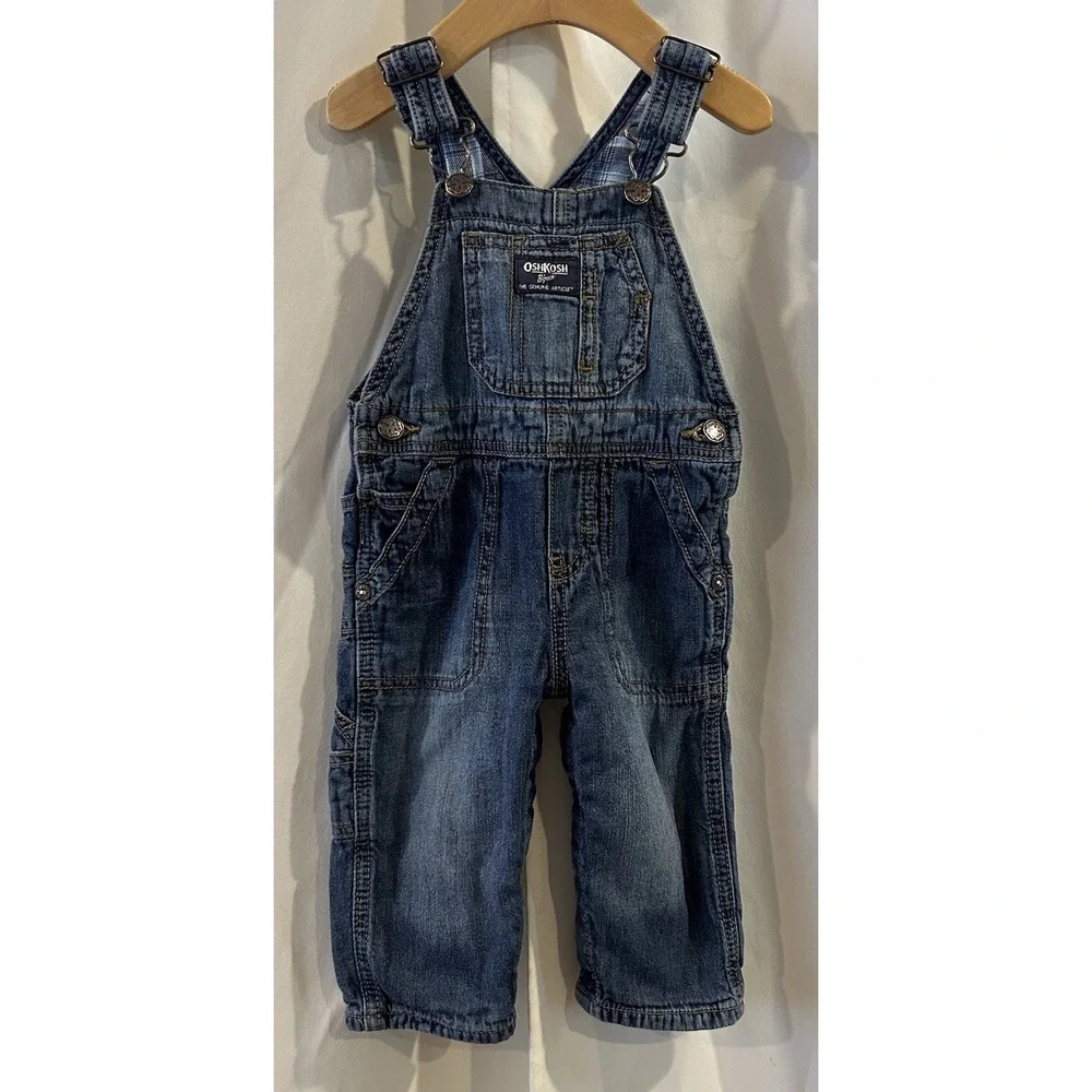 OshKosh B'gosh Fleece Lined Overalls Boys 12 Months Denim Bibs Carpenter